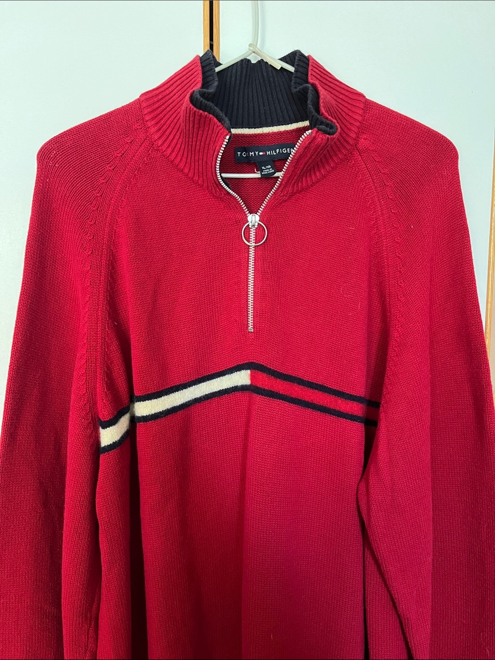 Vintage Tommy Hilfiger Men’s Red Quarter-Zip Cotton & Wool Sweater